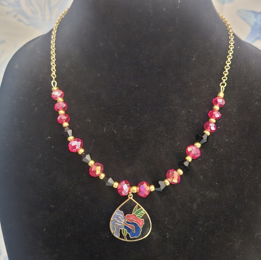 Elegant Gold and Pink Necklace with cloisonne Pendant, handmade